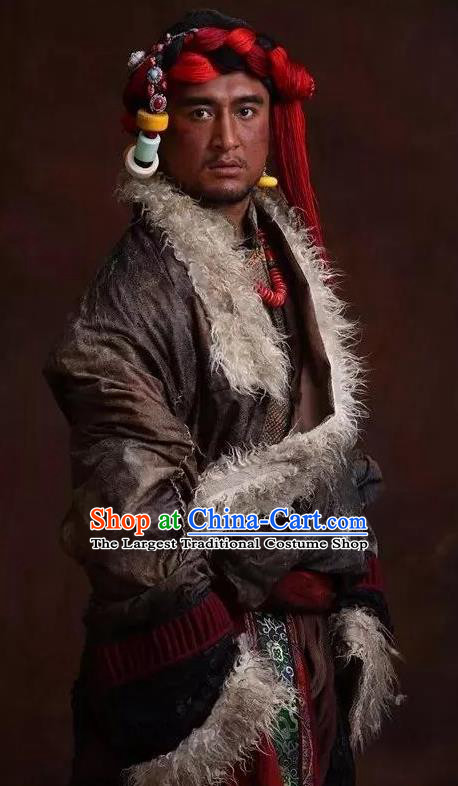 The Heavenly Road Chinese Zang Nationality Grey Clothing Stage Performance Dance Costume and Headpiece for Men