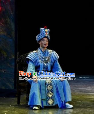 Drama Qian Yun Cliff Chinese Zhuang Nationality Bridegroom Blue Clothing Stage Performance Dance Costume and Headpiece for Men