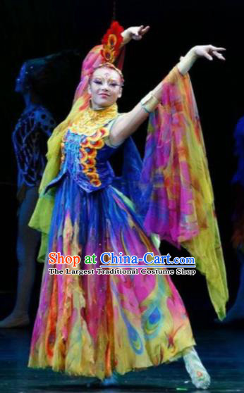 Hundred Bird Dress Chinese Classical Dance Colorful Dress Stage Performance Dance Costume and Headpiece for Women