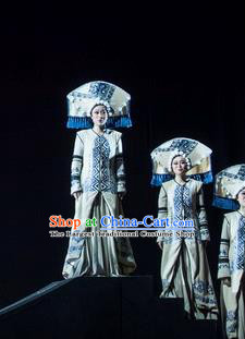 Hundred Bird Dress Chinese Zhuang Nationality Dance White Dress Stage Performance Dance Costume and Headpiece for Women