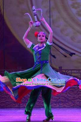 Ganzhou Musical Dance Chinese Hui Nationality Green Dress Stage Performance Dance Costume and Headpiece for Women