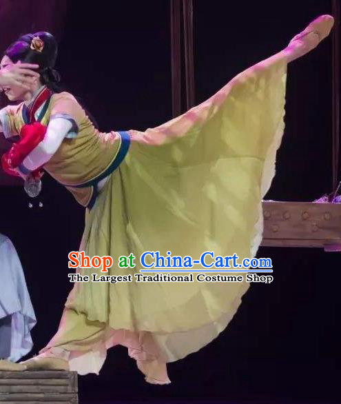 Chinese Orphan Classical Dance Ancient Court Green Dress Stage Performance Dance Costume and Headpiece for Women