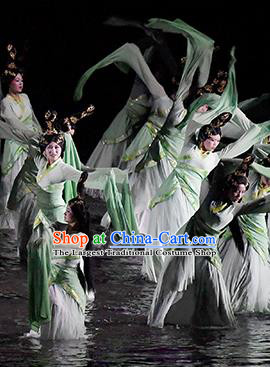 Return To the Three Gorges Chinese Classical Dance Water Sleeve Dress Stage Performance Costume and Headpiece for Women