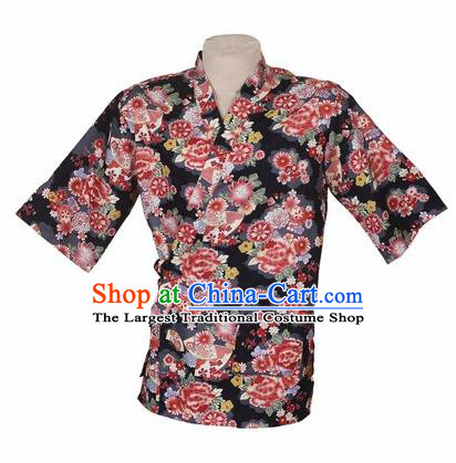 Traditional Japanese Printing Peony Black Yamato Shirt Kimono Asian Japan Costume for Men