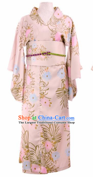 Traditional Japanese Printing Chrysanthemum Pink Kimono Asian Japan Yukata Dress for Women