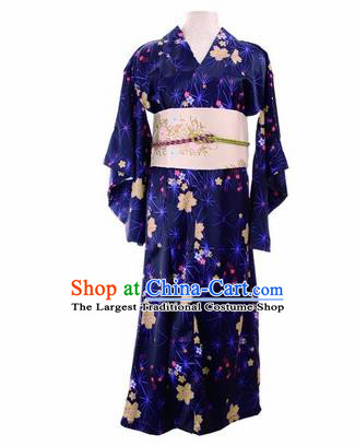 Traditional Japanese Printing Cherry Blossom Blue Kimono Asian Japan Yukata Dress for Women