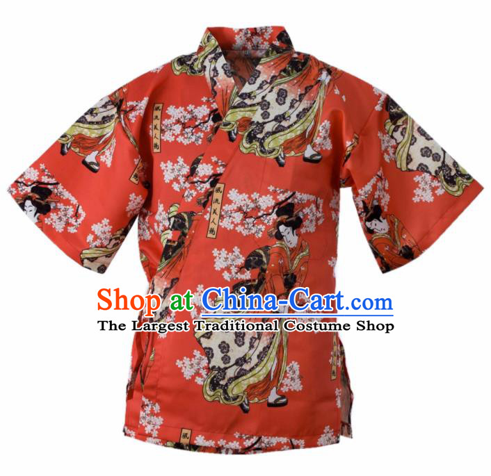 Traditional Japanese Printing Beauty Red Yamato Shirt Kimono Asian Japan Costume for Men