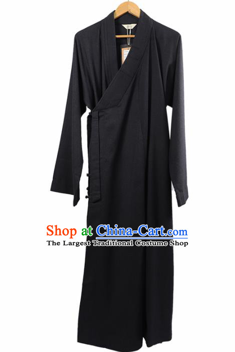 Traditional Chinese Monk Costume Winter Navy Woolen Long Gown for Men