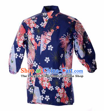 Traditional Japanese Printing Chrysanthemum Navy Shirt Kimono Asian Japan Costume for Men