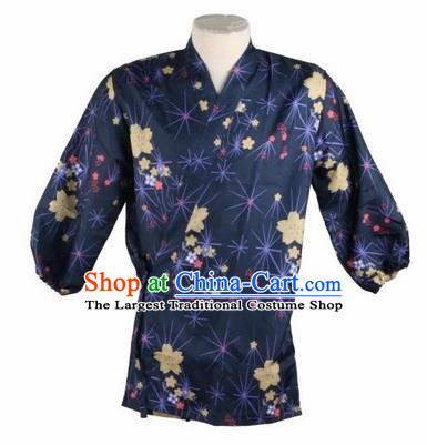 Traditional Japanese Printing Cherry Blossom Navy Shirt Kimono Asian Japan Costume for Men