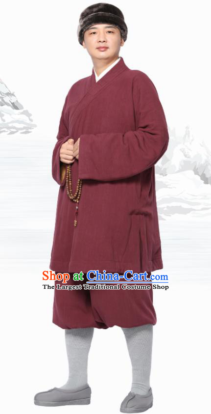 Traditional Chinese Monk Costume Meditation Purplish Red Flax Outfits Shirt and Pants for Men