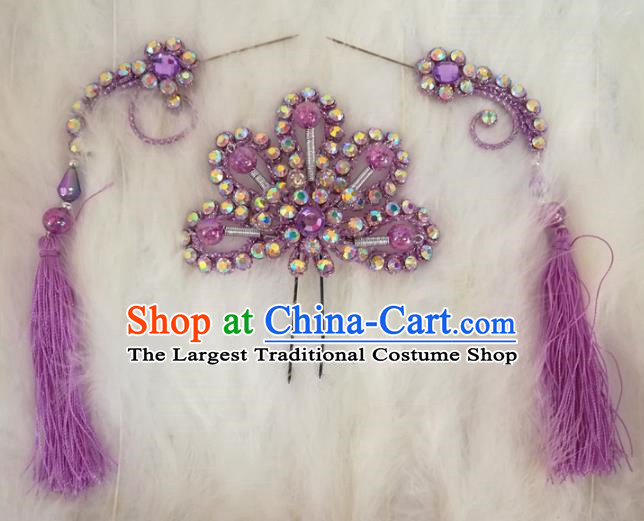 Chinese Traditional Beijing Opera Hair Accessories Peking Opera Purple Flower Hairpins Tassel Step Shake for Adults