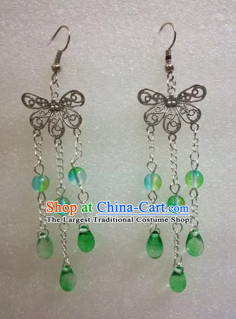 Chinese Traditional Beijing Opera Accessories Peking Opera Green Beads Tassel Butterfly Earrings for Adults