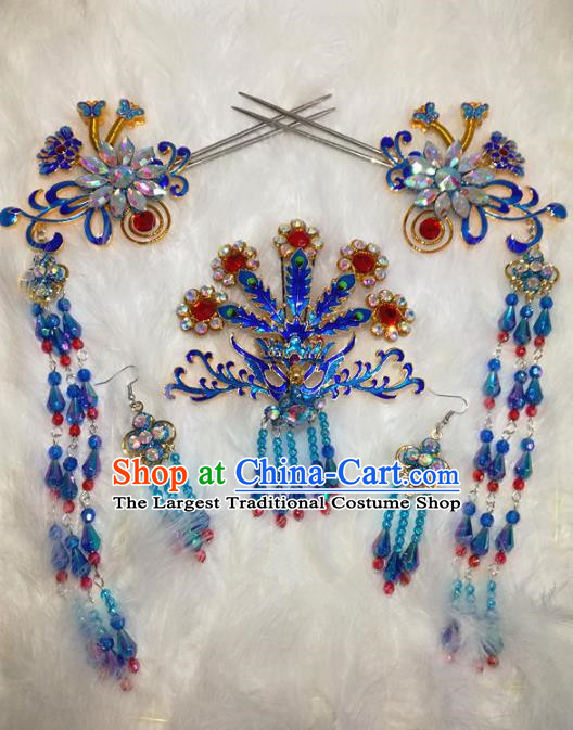 Chinese Traditional Beijing Opera Hair Accessories Peking Opera Blueing Phoenix Tassel Hairpins for Adults