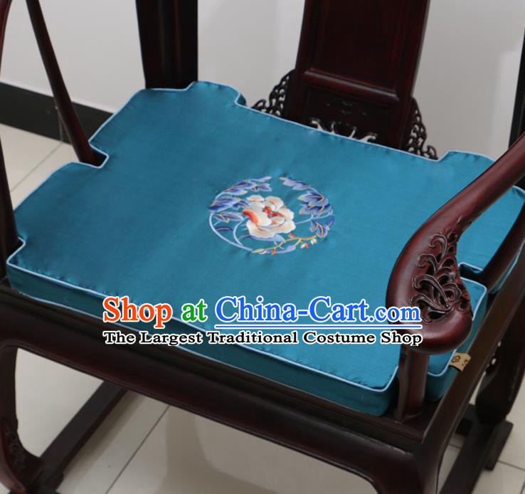 Chinese Classical Household Ornament Armchair Cushion Cover Traditional Embroidered Peony Peacock Blue Brocade Mat Cover