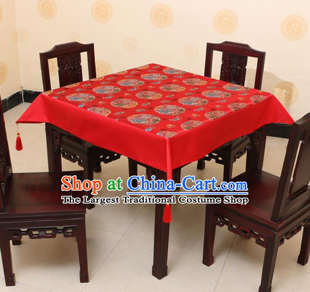 Chinese Traditional Peony Lotus Pattern Red Brocade Desk Cloth Classical Satin Household Ornament Table Cover