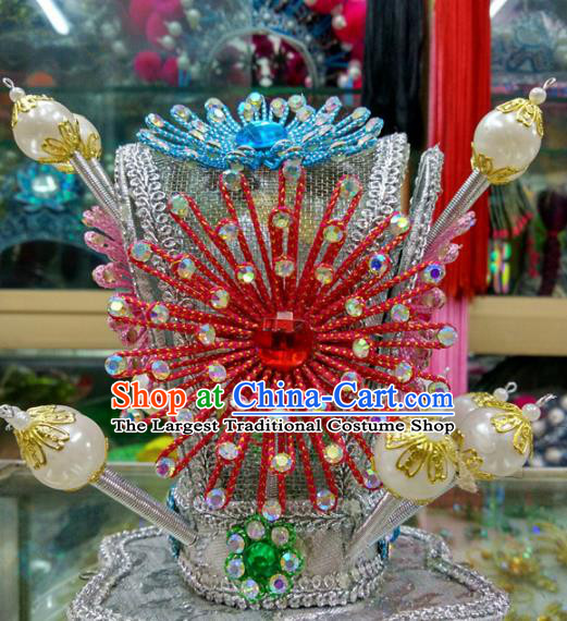 Chinese Traditional Beijing Opera Headwear Peking Opera Niche Red Beads Hairdo Crown for Adults