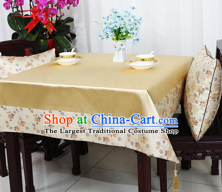 Chinese Traditional Chrysanthemum Pattern Light Golden Brocade Table Cloth Classical Satin Household Ornament Desk Cover