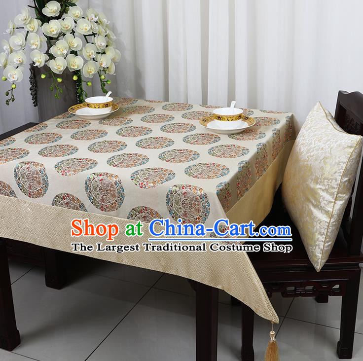 Chinese Traditional Peony Pattern Beige Brocade Table Cloth Classical Satin Household Ornament Desk Cover