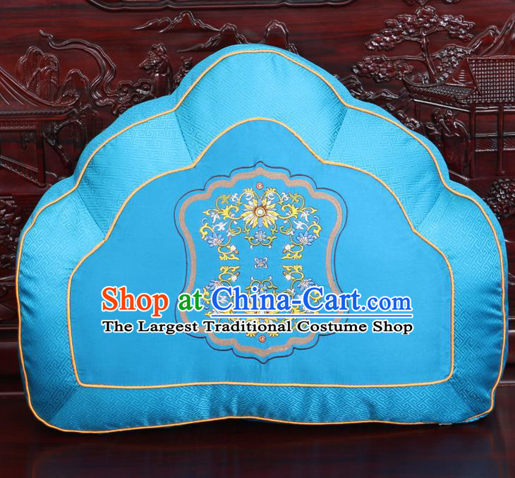 Chinese Traditional Embroidered Chrysanthemum Pattern Blue Brocade Back Cushion Cover Classical Household Ornament