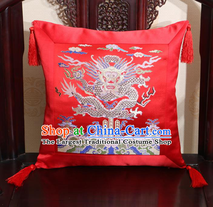 Chinese Classical Dragon Pattern Red Brocade Square Cushion Cover Traditional Household Ornament