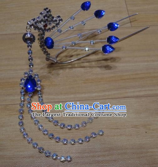 Chinese Traditional Beijing Opera Diva Royalblue Crystal Phoenix Tassel Hairpins Princess Hair Accessories for Adults