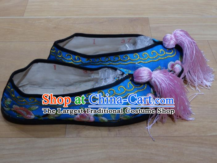 Chinese Traditional Beijing Opera Diva Embroidered Shoes Princess Blue Shoes for Adults