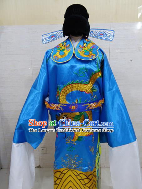 Chinese Traditional Beijing Opera Prime Minister Blue Embroidered Robe Peking Opera Old Men Costume for Adults