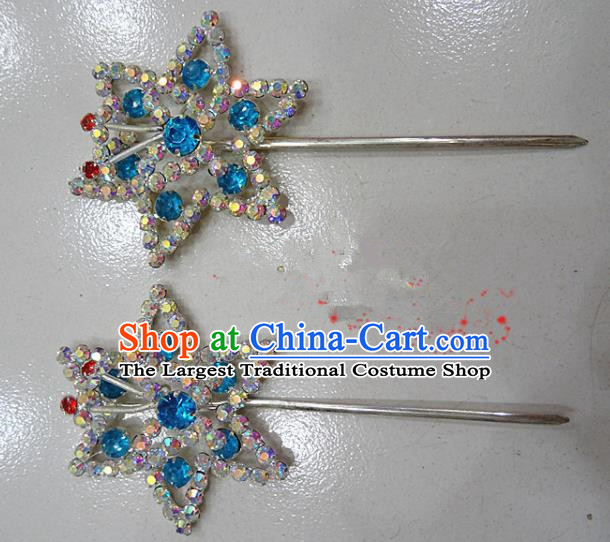 Chinese Traditional Beijing Opera Diva Blue Crystal Hexagon Hairpins Princess Hair Clip Hair Accessories for Adults