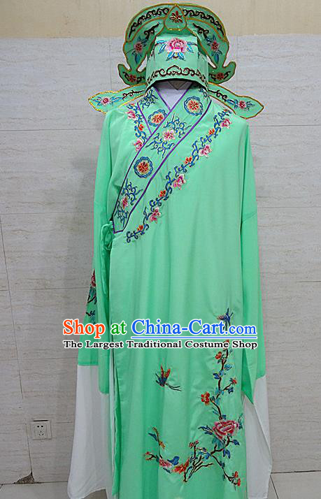 Professional Chinese Beijing Opera Niche Embroidered Peony Green Robe Traditional Peking Opera Scholar Costume for Adults