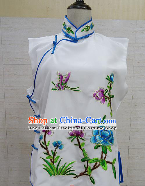 Chinese Traditional Beijing Opera Embroidered Peony White Waistcoat Peking Opera Maidservants Costume for Adults