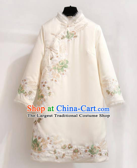 Chinese Traditional Tang Suit Costume White Cotton Wadded Qipao Dress Cheongsam for Women