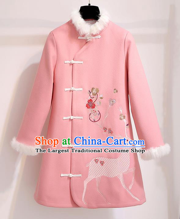 Chinese Traditional Costume Tang Suit Pink Dust Coat Cheongsam Upper Outer Garment for Women