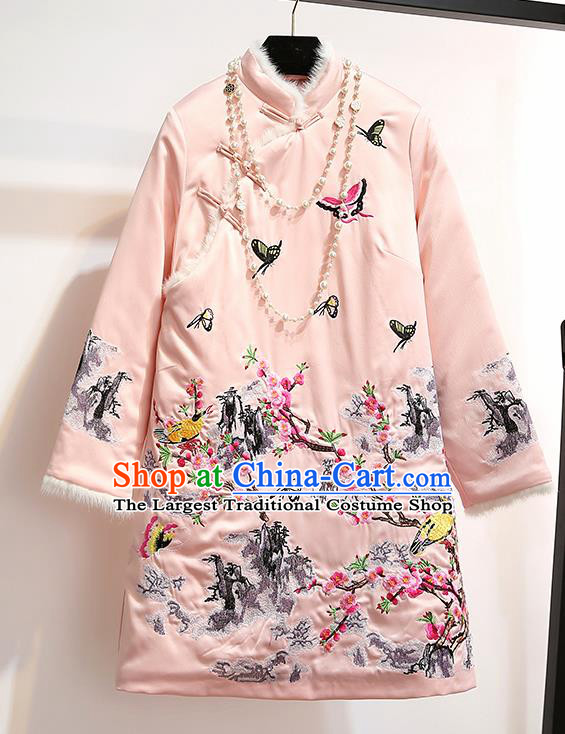 Chinese Traditional Costume Tang Suit Qipao Dress Embroidered Plum Blossom Pink Cheongsam for Women