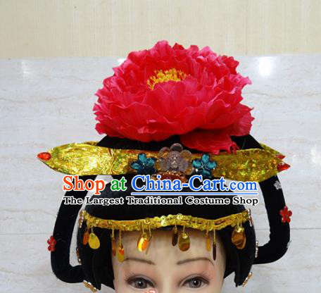 Chinese Traditional Beijing Opera Actress Hair Accessories Ancient Queen Red Peony Hairpins and Wigs for Adults