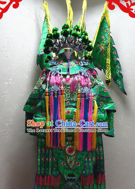 Chinese Traditional Beijing Opera Female General Green Embroidered Clothing Peking Opera Mu Guiying Costume for Adults