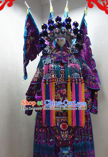 Chinese Traditional Beijing Opera Female General Purple Embroidered Clothing Peking Opera Mu Guiying Costume for Adults