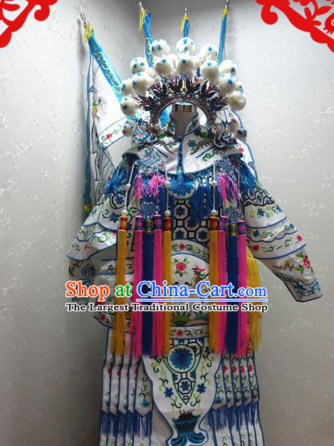 Chinese Traditional Beijing Opera Female General White Embroidered Clothing Peking Opera Mu Guiying Costume for Adults