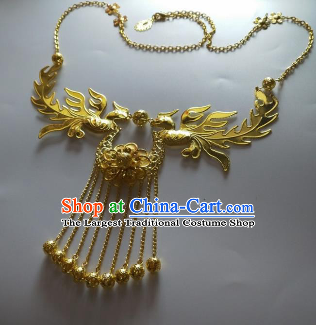 Chinese Traditional Wedding Jewelry Accessories Ancient Princess Golden Phoenix Necklace for Women