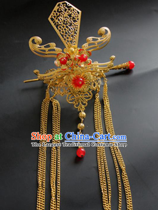 Chinese Traditional Nobility Childe Hair Accessories Hairpins Ancient Swordsman Red Beads Hairdo Crown for Men