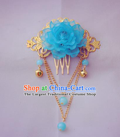 Chinese Traditional Hair Accessories Wedding Blue Peony Tassel Hair Comb for Women