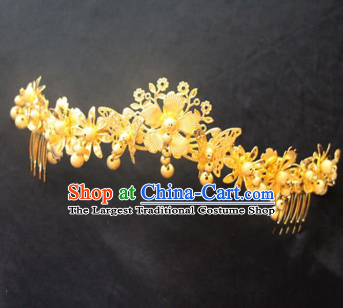 Chinese Traditional Bride Hair Accessories Wedding Golden Tassel Hair Comb for Women