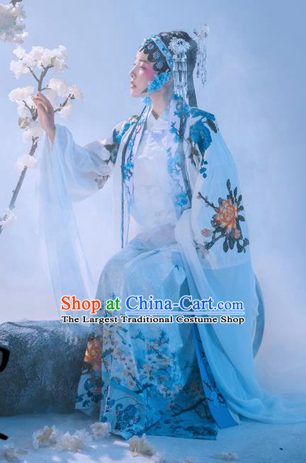 Chinese Ancient Drama Blue Hanfu Dress Traditional Beijing Opera Historical Costume and Headpiece Complete Set