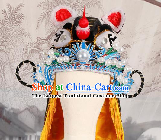 Chinese Traditional Beijing Opera Takefu Headwear Ancient Warrior Black Tiger Head Hat