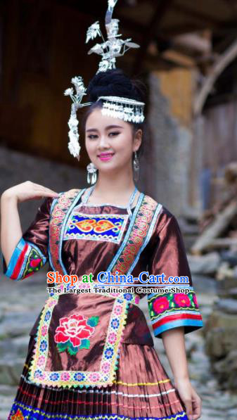 Chinese Traditional Miao Nationality Costume Hmong Ethnic Brown Pleated Skirt for Women