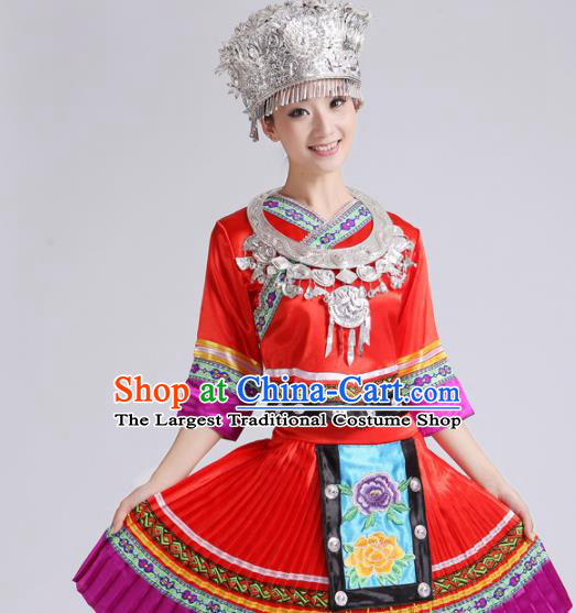 Chinese Traditional Miao Nationality Costume Hmong Female Ethnic Folk Dance Red Pleated Skirt for Women