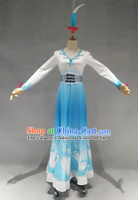 Traditional Chinese Classical Dance Costume China Stage Performance Dance Blue Dress for Women