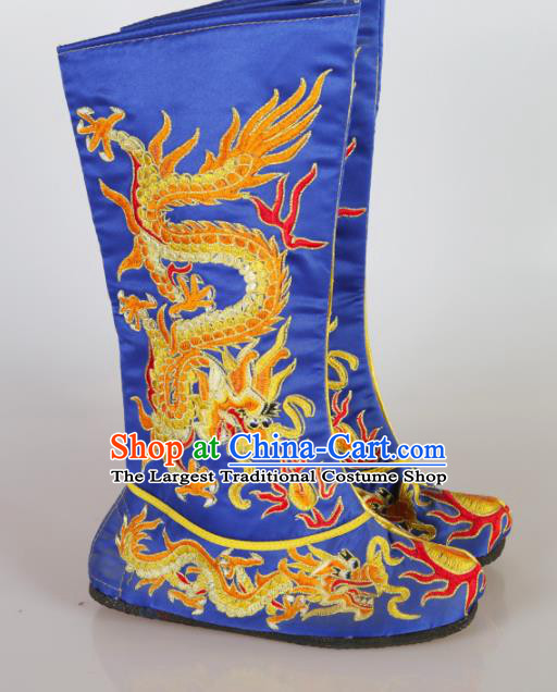 Asian Chinese Beijing Opera Shoes Emperor Royalblue Embroidered Boots Traditional Peking Opera Shoes