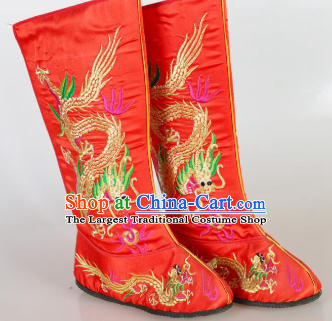 Asian Chinese Beijing Opera Shoes Emperor Red Embroidered Boots Traditional Peking Opera Shoes