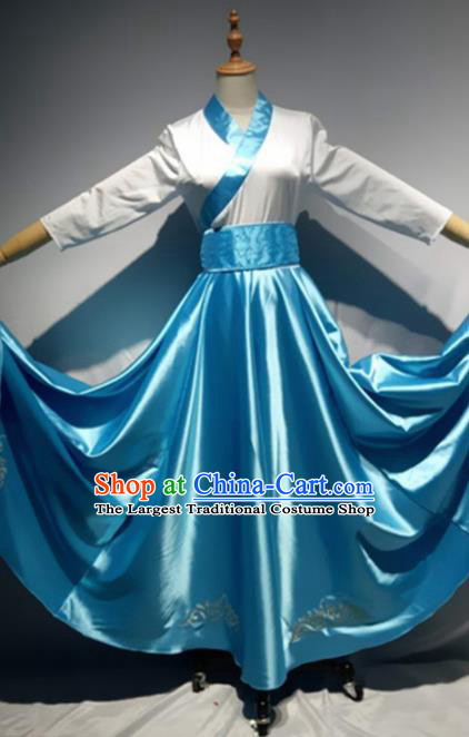 Traditional Chinese Mongol Nationality Dance Costume Mongols Ethnic Folk Dance Blue Dress for Women